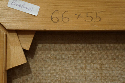 Back of light brown wooden frame with beige fabric for Oil painting Boats in the port