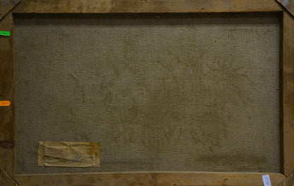 Back of wooden-framed oil painting Winter road in the forest with beige linen and label