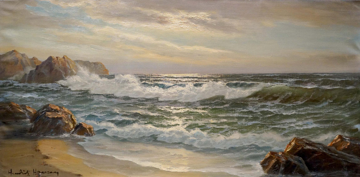 Oil painting The waves by Hendrik Hansen: green white crashing waves on rocky shore