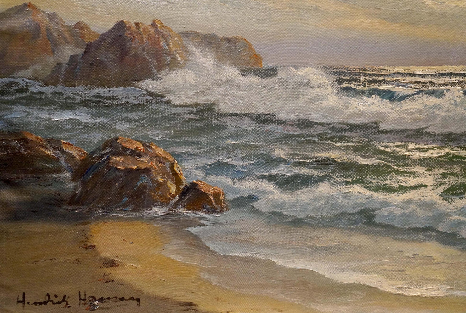 Oil painting The waves by Hendrik Hansen: crashing waves on sunlit rocks