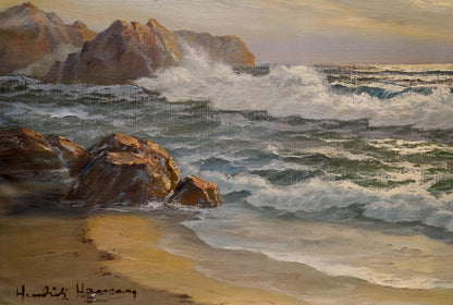 Oil painting The waves by Hendrik Hansen: crashing waves on sunlit rocks