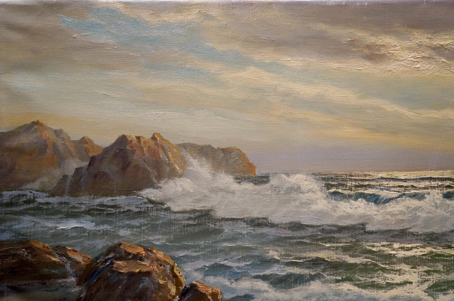 Oil painting The waves by Hendrik Hansen: turbulent ocean waves on rocks