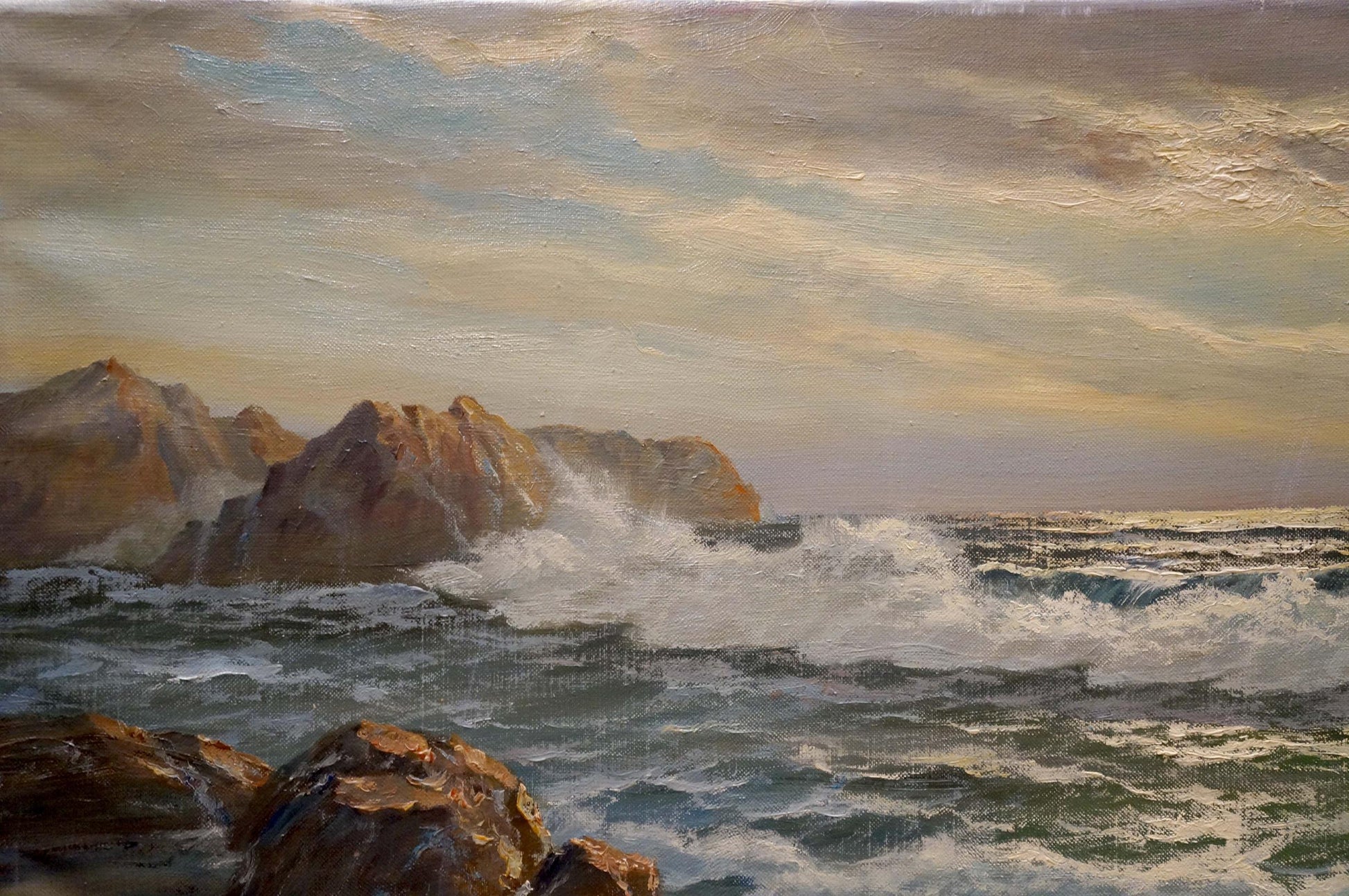 Oil painting The waves by Hendrik Hansen: turbulent ocean waves on rocks