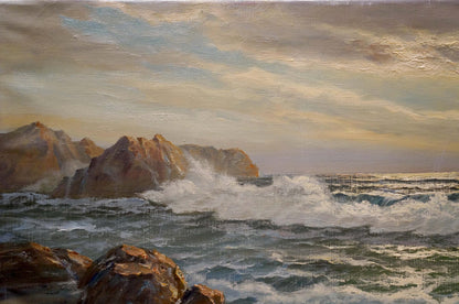 Oil painting The waves by Hendrik Hansen: turbulent ocean waves on rocks