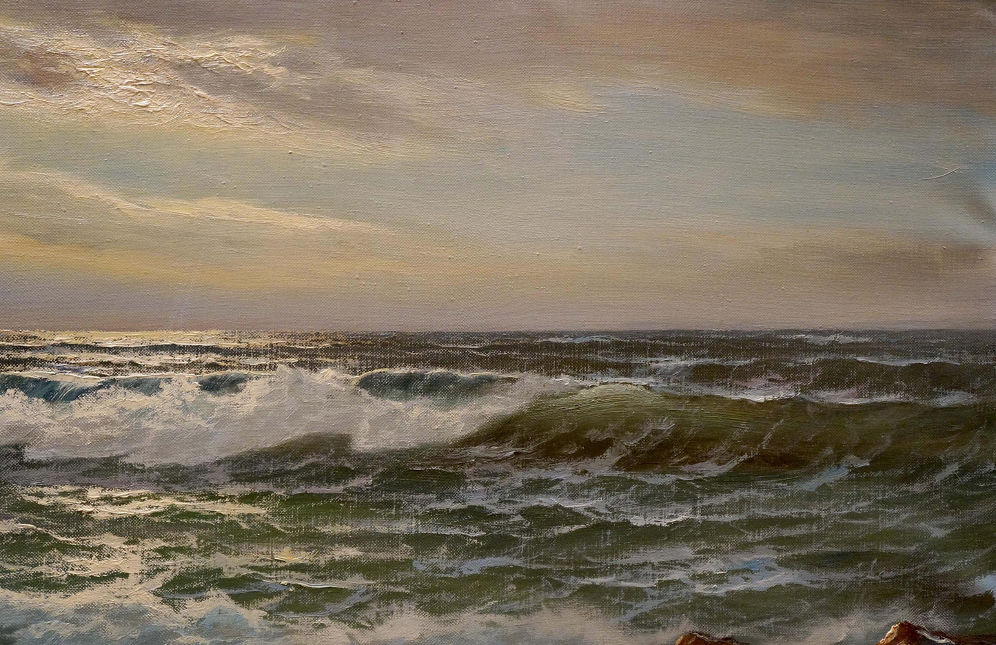 Oil painting The Waves by Hendrik Hansen: stormy ocean waves crashing
