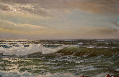 Oil painting The Waves by Hendrik Hansen: stormy ocean waves crashing