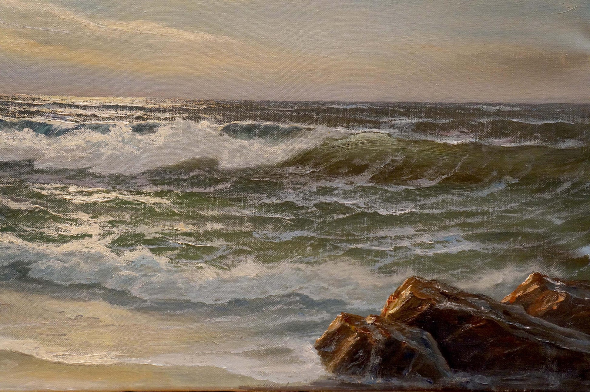 Oil painting The waves by Hendrik Hansen: turbulent ocean crashing on rocks
