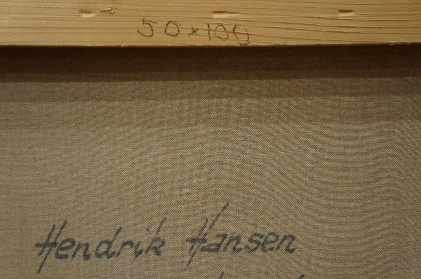 Back of Hendrik Hansen oil painting The Waves: beige canvas with signature and 50x100 stretcher