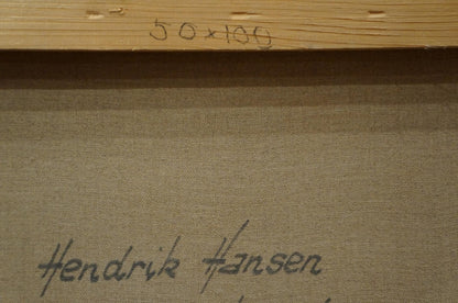 Back of Hendrik Hansen oil painting The Waves: beige canvas with signature and 50x100 stretcher