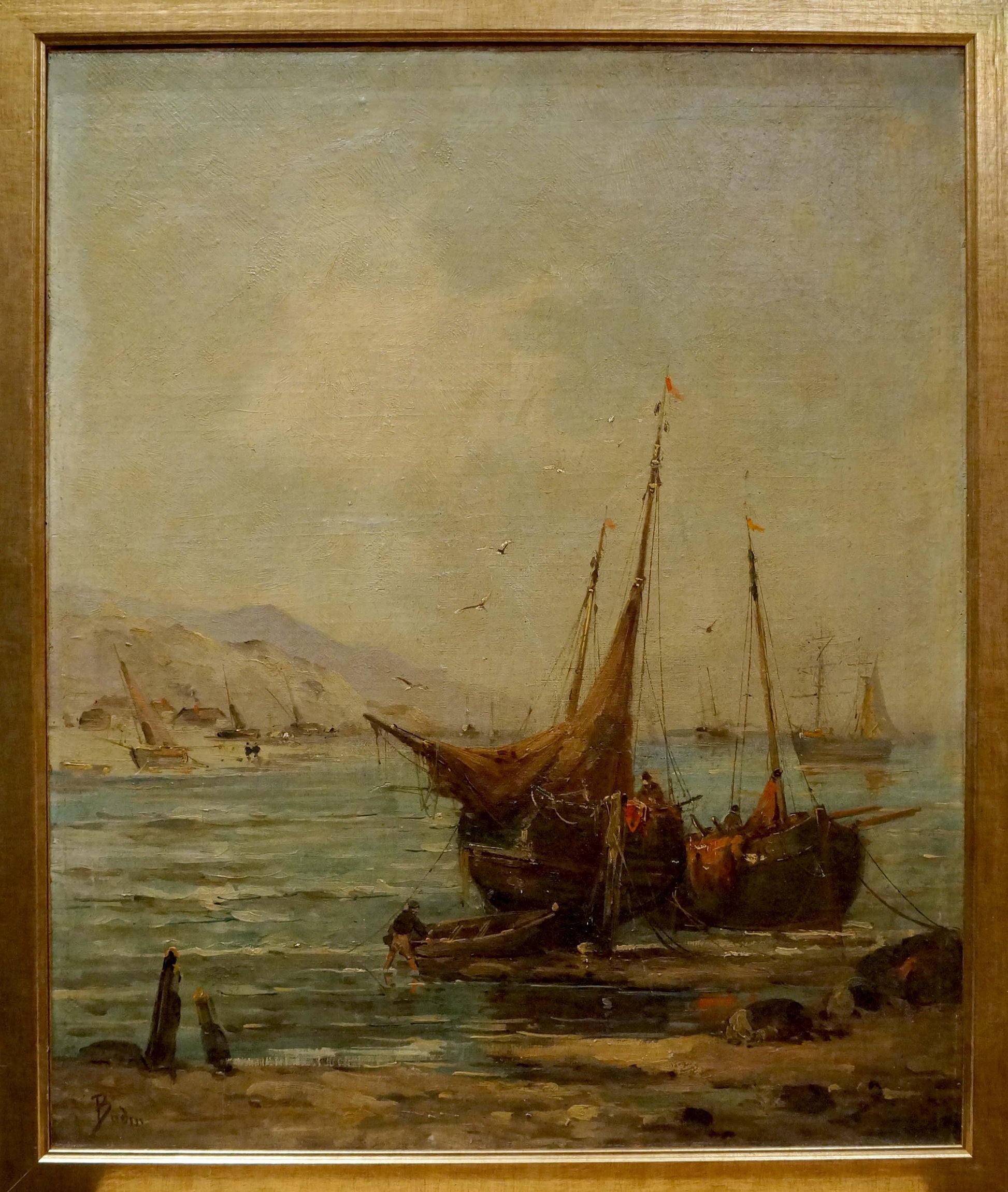 Framed Oil Painting Ship with two dark-hulled sailing ships anchored coastal scene
