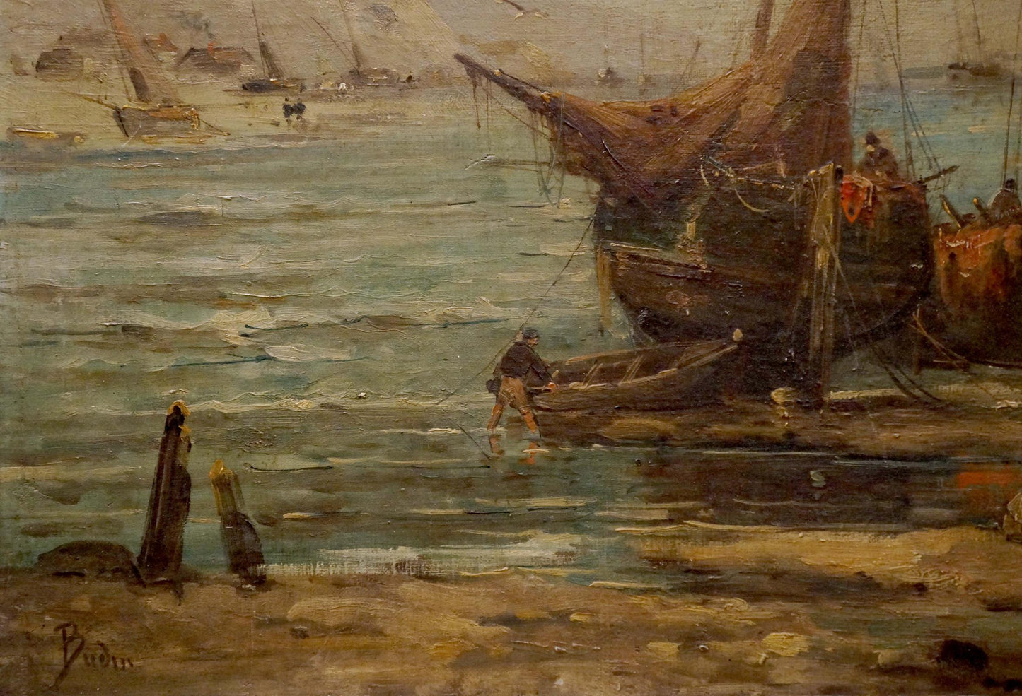 Oil painting of weathered wooden fishing boat with tattered sail moored near shore