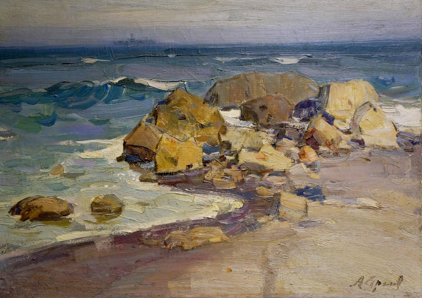 Oil painting by the sea by Strelov Arkady Efimovich, rocky shore with waves