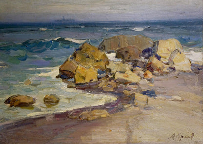 Oil painting by the sea by Strelov Arkady Efimovich, rocky shore with waves