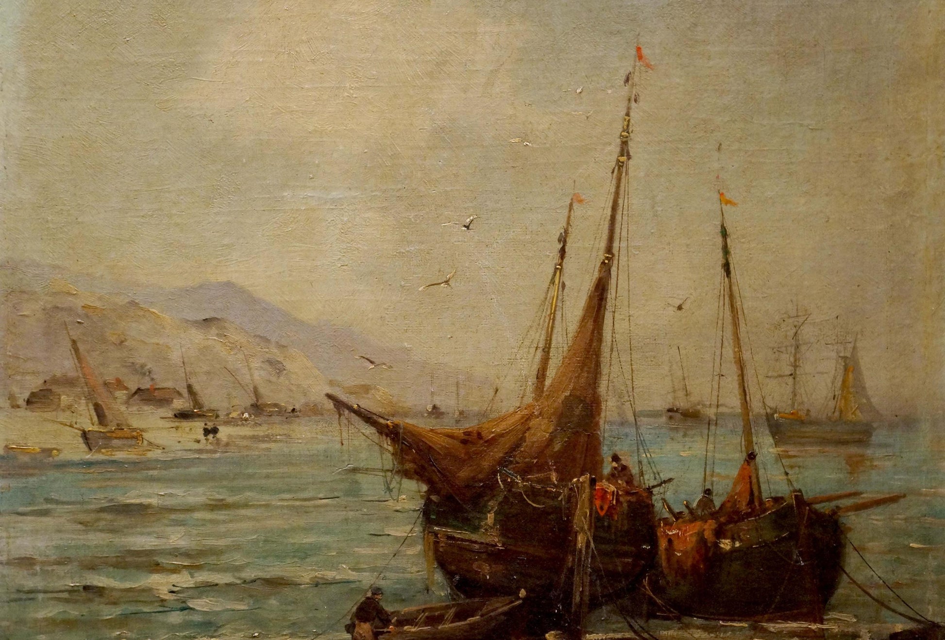 Oil painting of weathered wooden fishing boat with brown sails in harbor