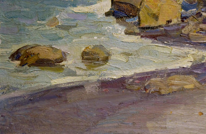 Oil painting by the sea by Strelov Arkady Efimovich, textured shoreline stones