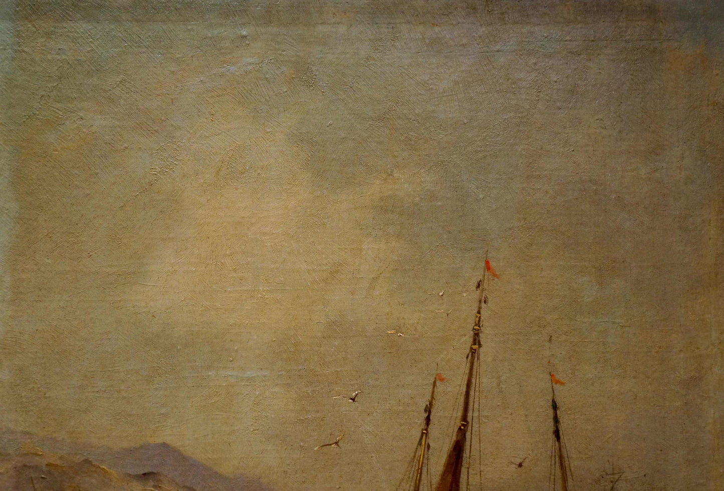 Vintage oil painting of ship masts and sails against muted sky
