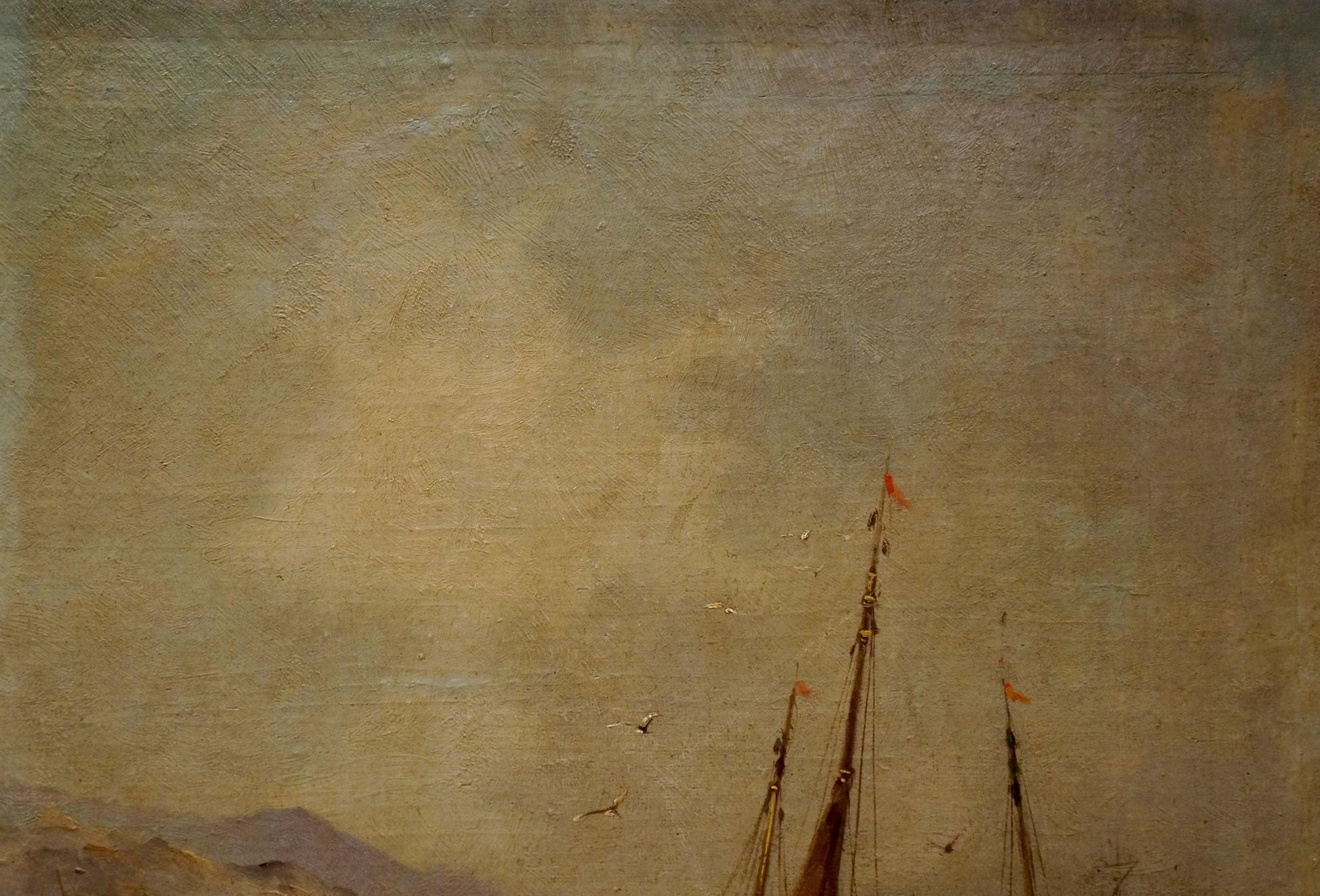 Vintage oil painting of ship masts and sails against muted sky