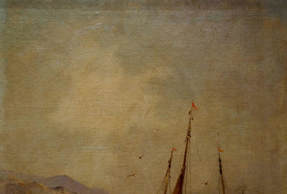 Vintage oil painting of ship masts and sails against muted sky
