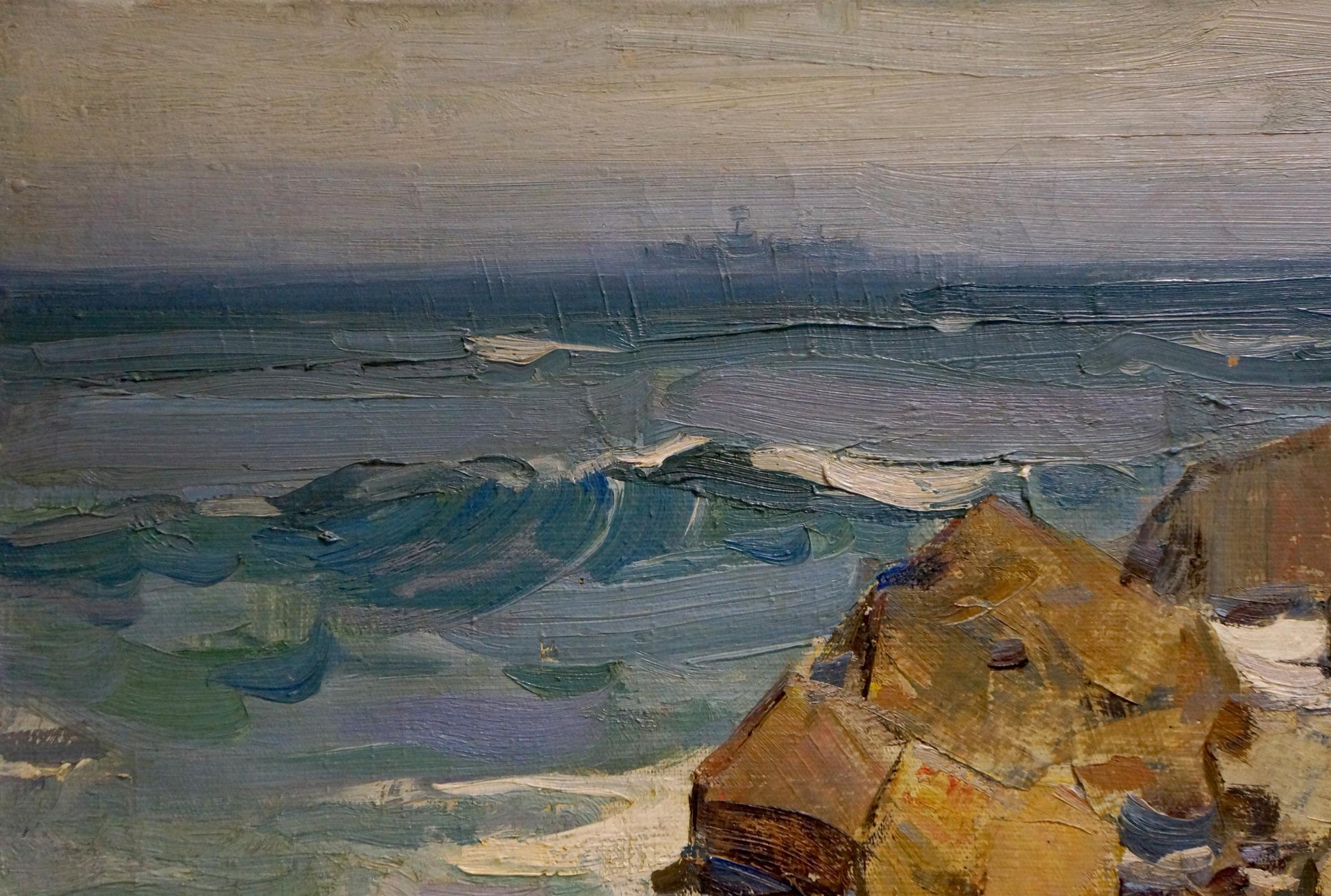 Oil painting by the sea by Strelov Arkady Efimovich, turbulent sea on cliffs