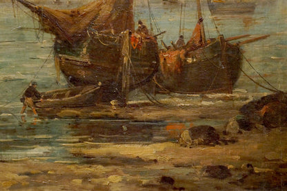 Oil painting of weathered dark wooden fishing boat with tattered sail