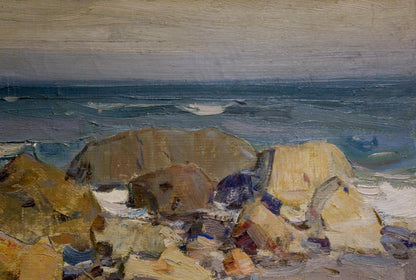 Oil painting by the sea by Strelov Arkady Efimovich, rugged rocks and turbulent waves