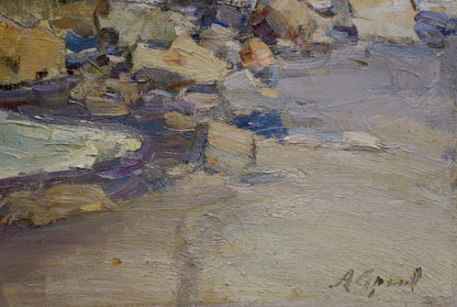 Oil painting By the Sea by Strelov Arkady Efimovich in earthy impressionistic tones