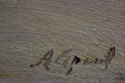 Back of oil painting by the sea by Strelov Arkady Efimovich with carved faded signature on weathered wood