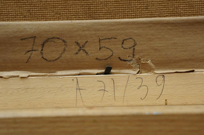 Back of Oil painting Ship canvas with handwritten dimensions and edition number