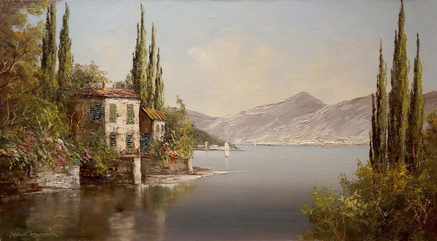 Oil painting House by the Shore by Bruno Martini: rustic villa by water