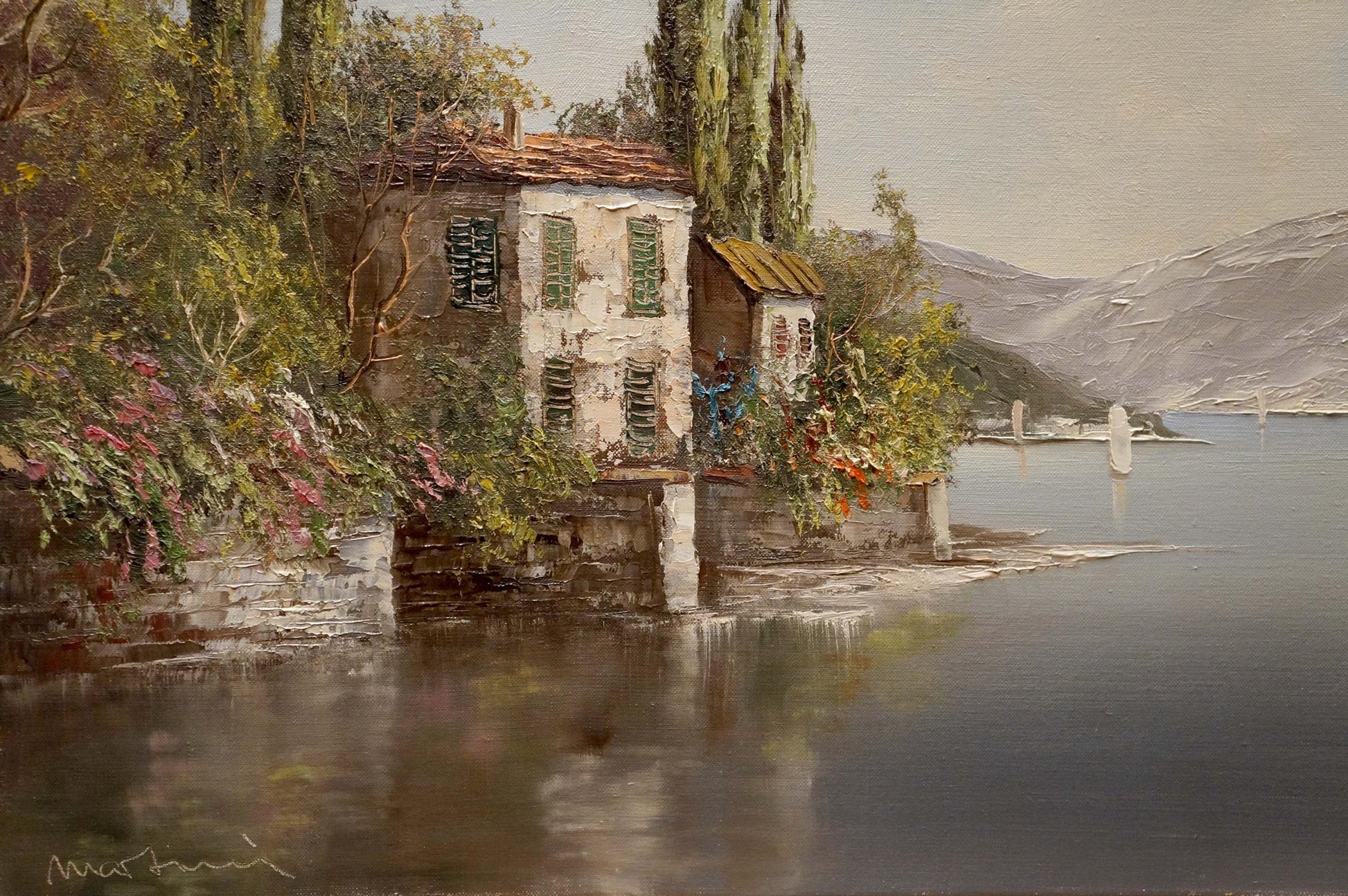 Oil painting of weathered stone house by shore by Bruno Martini