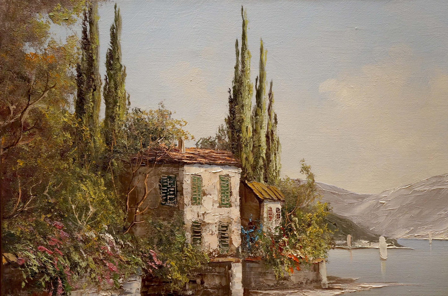 Oil painting of Bruno Martini house by the shore: stone villa with green shutters among cypresses