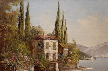 Oil painting of Bruno Martini house by the shore: stone villa with green shutters among cypresses