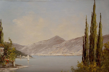 Serene oil painting of house by shore with lake, cypress trees by Bruno Martini