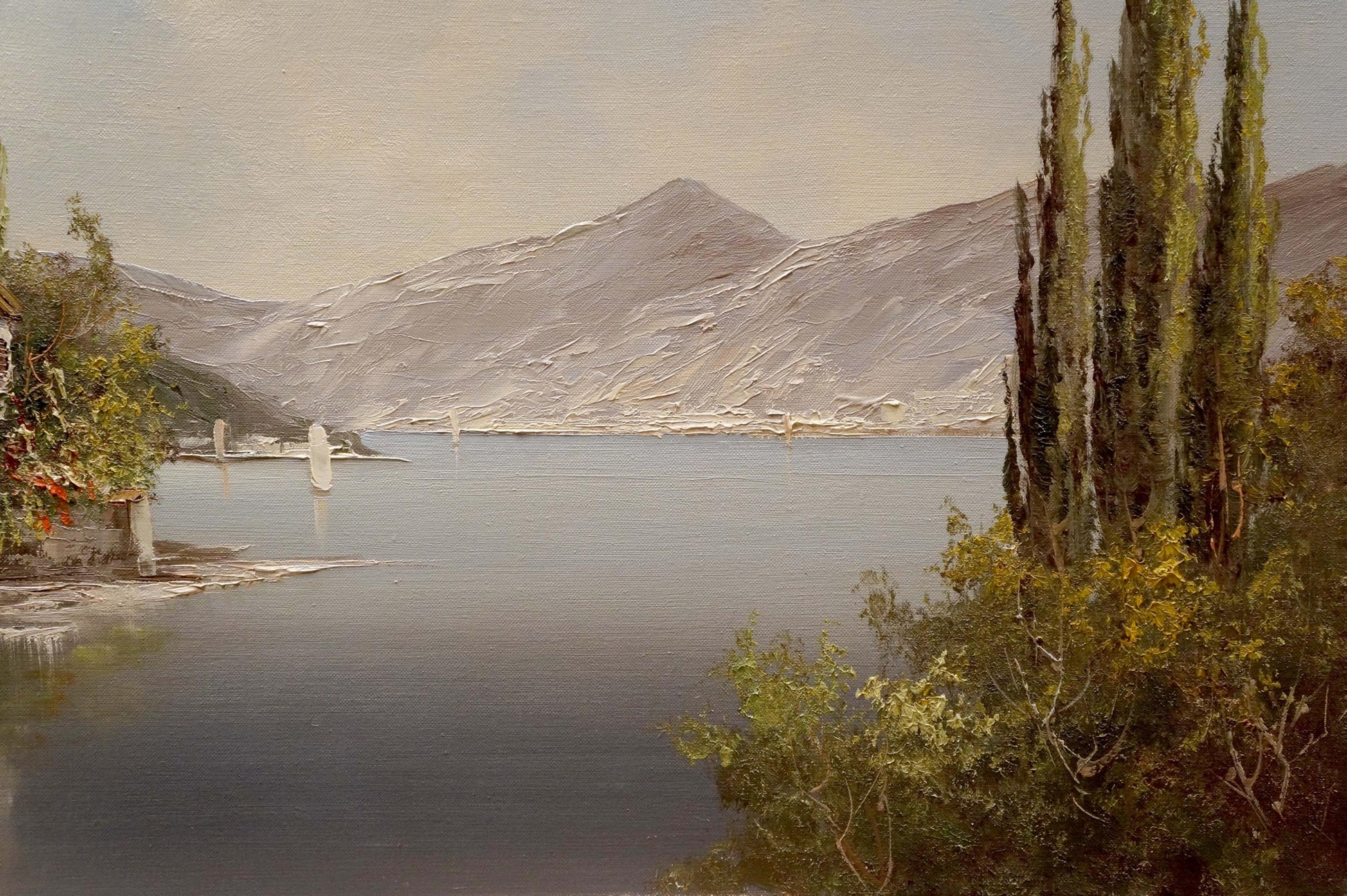 Serene oil painting of house by the shore lake with trees and mountains by Bruno Martini