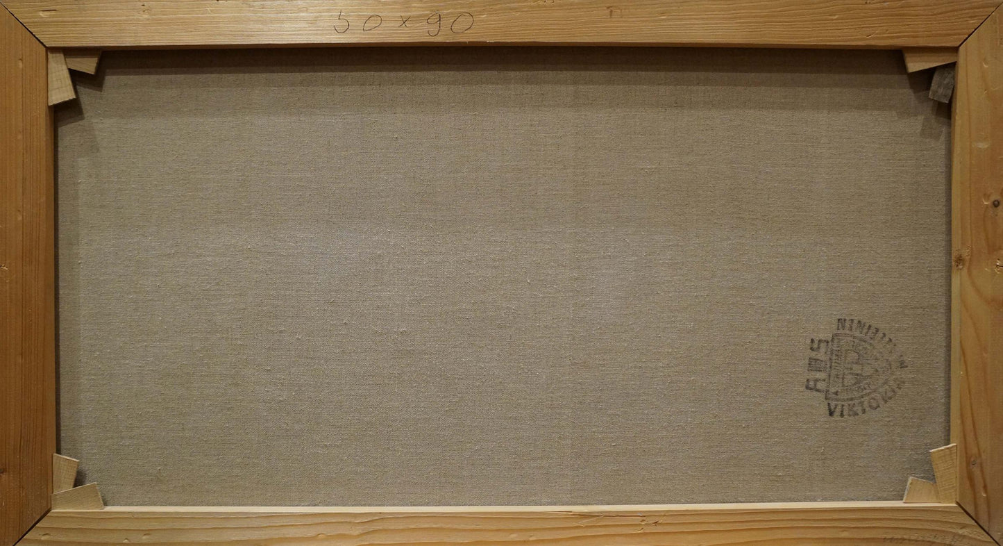 Back of Bruno Martini Oil painting House by the shore, beige canvas in wood frame with faint stamp