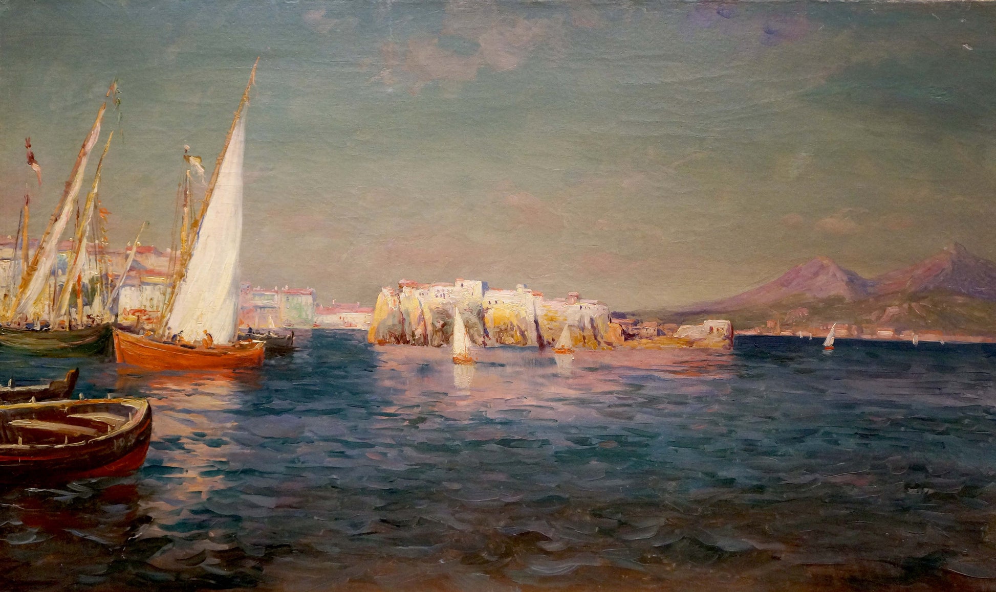 Oil painting Ships in the bay: serene harbor with white-sailed vessel and red boat