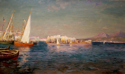 Oil painting Ships in the bay: serene harbor with white-sailed vessel and red boat
