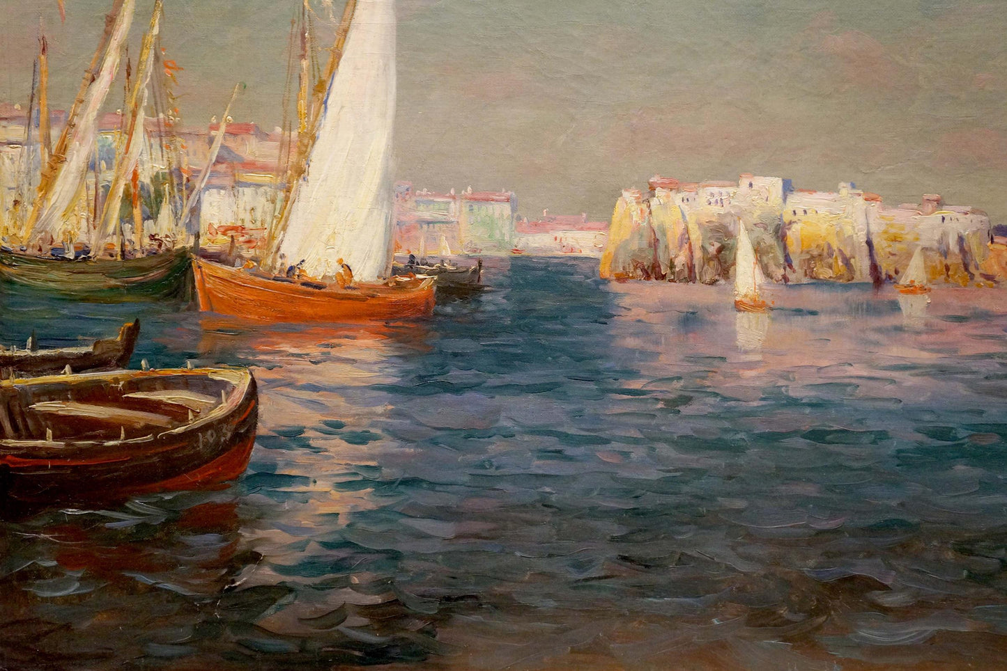 Vibrant impressionist oil painting of ships in the bay harbor with sailboats