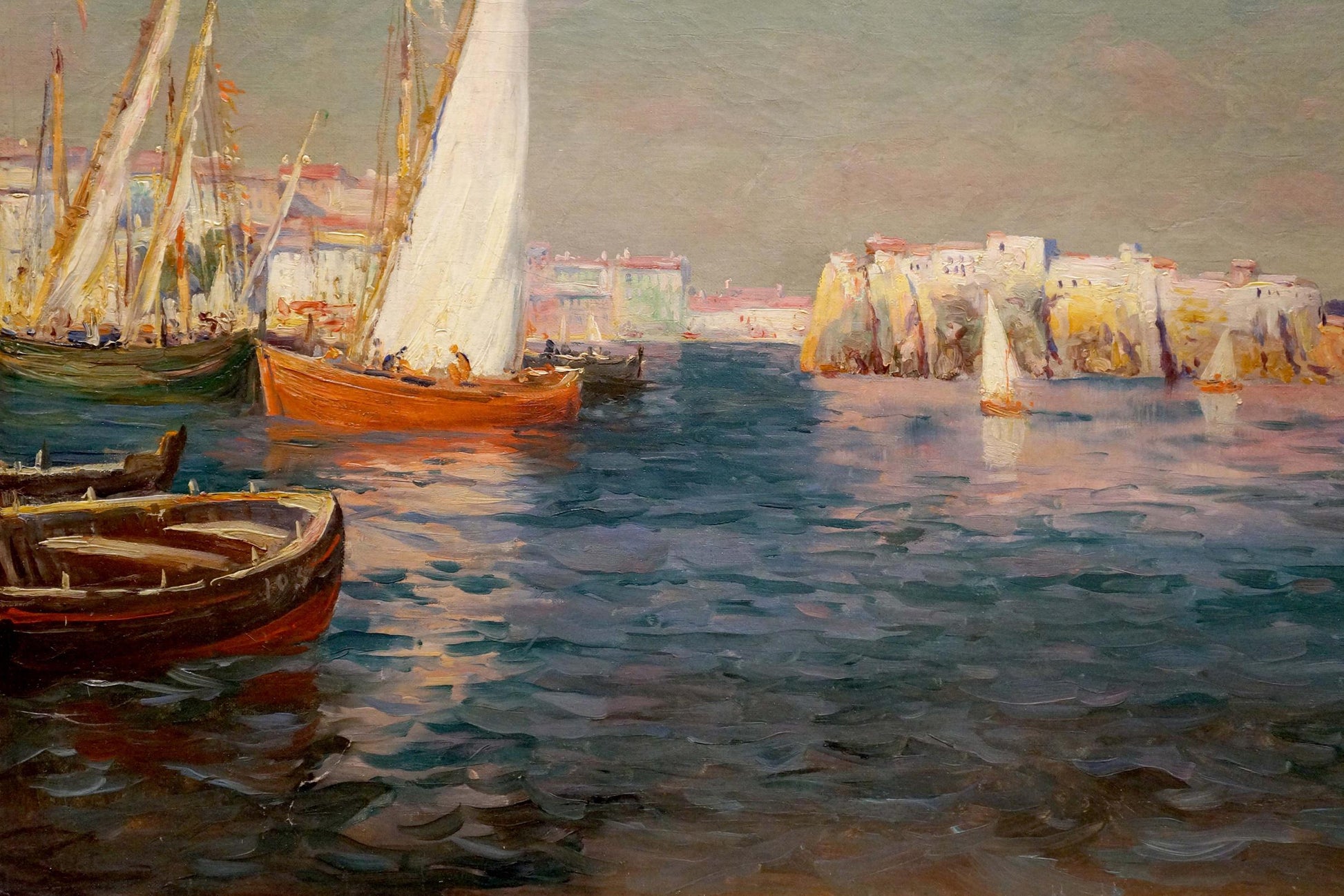 Vibrant impressionist oil painting of ships in the bay harbor with sailboats