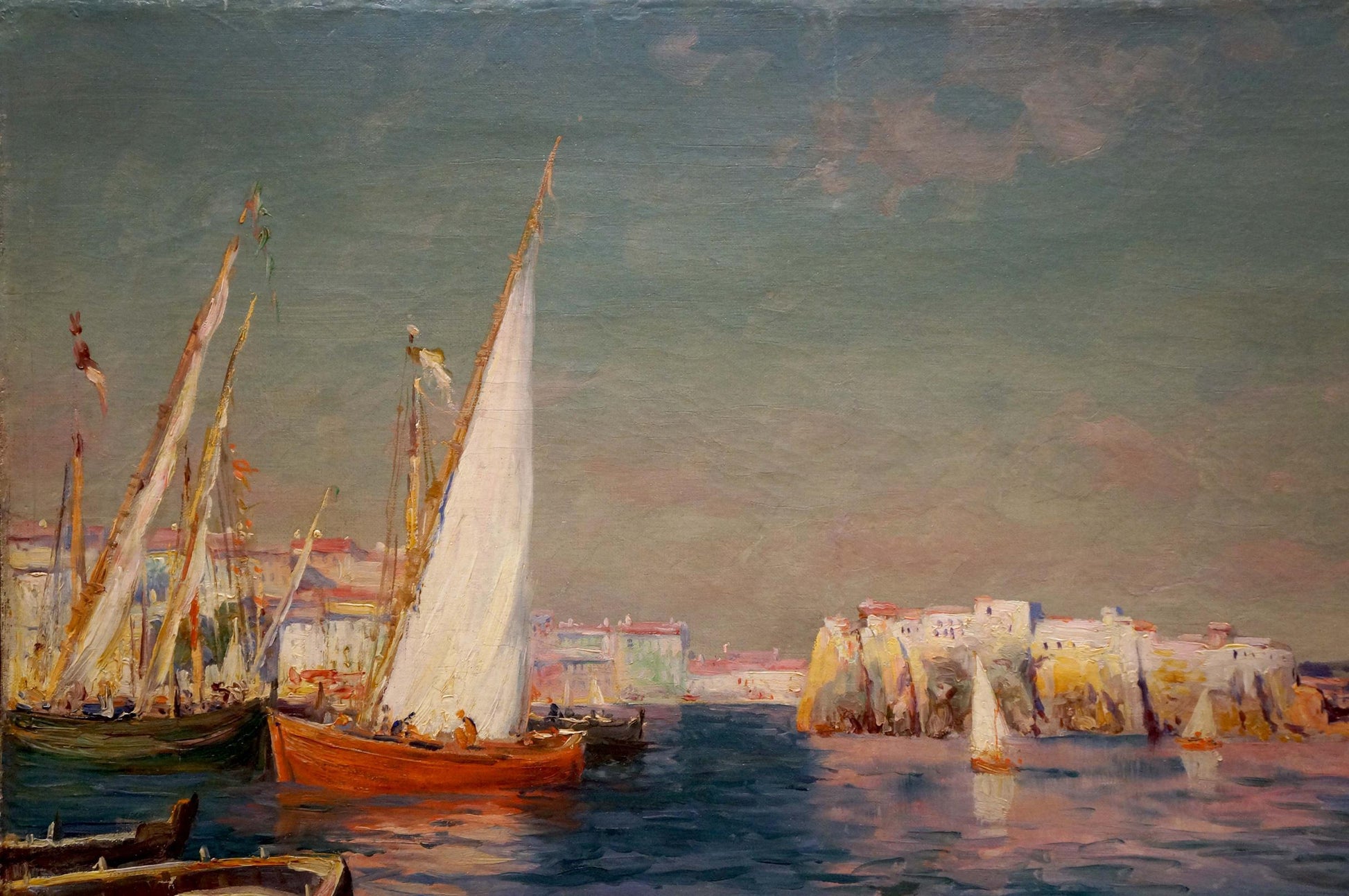 Oil painting Ships in the bay: vibrant harbor with orange sailboat