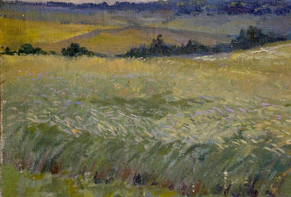 Oil painting by Gerus Boris Stepanovich: golden field with purple wildflowers