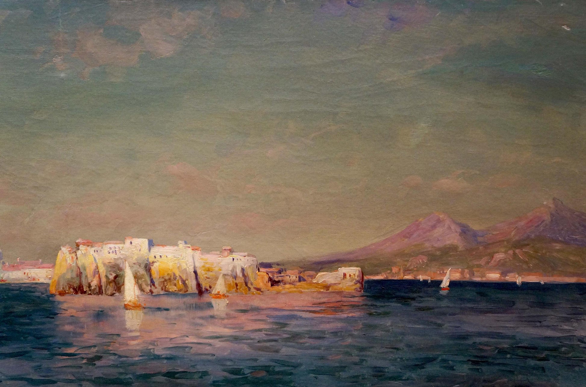 Oil painting of ships in bay with white stone island fortress and mountains
