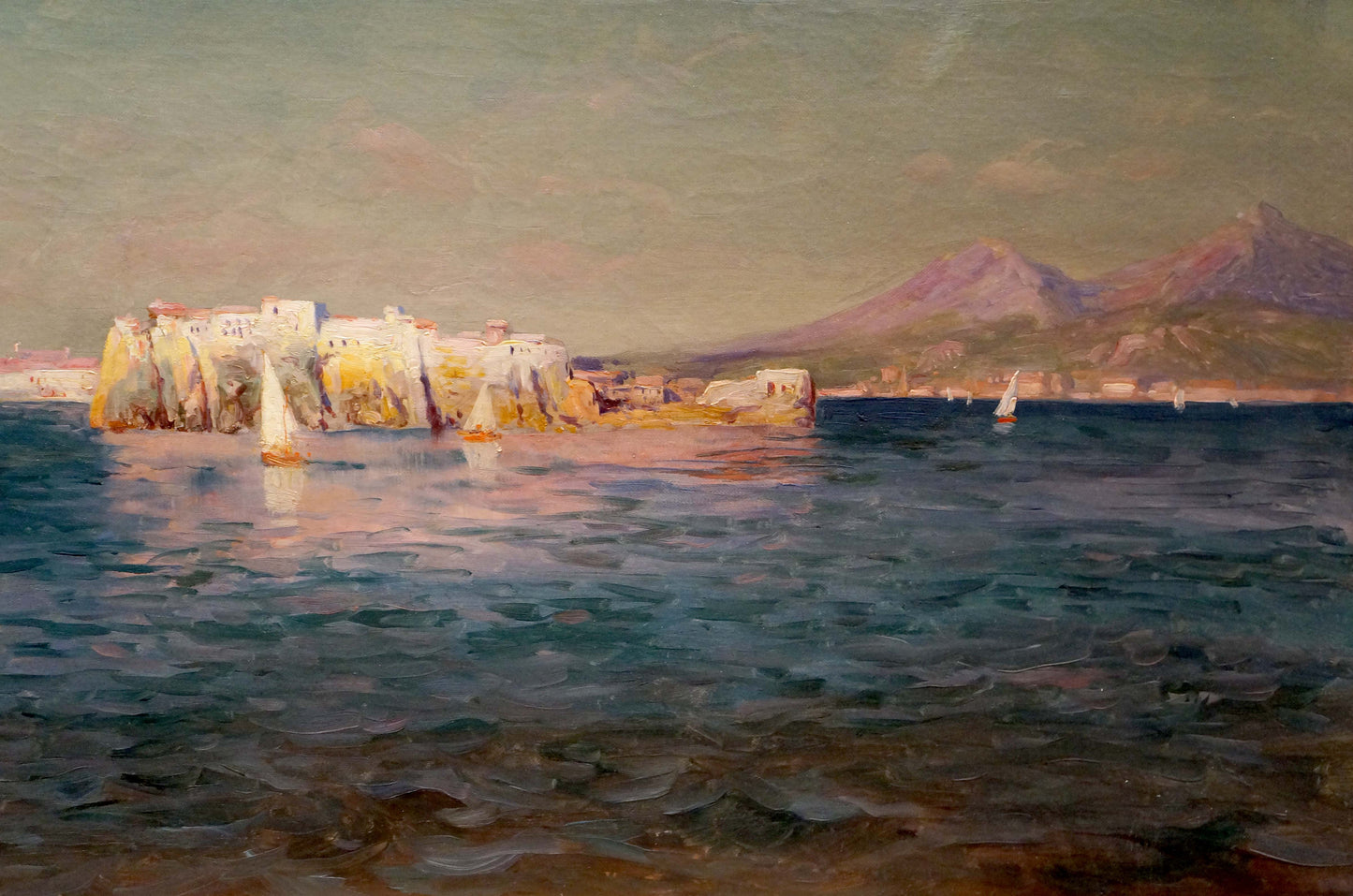 Oil painting of ships in the bay: serene coastal fortress on cliffs