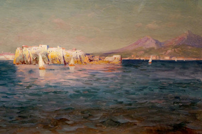 Oil painting of ships in the bay: serene coastal fortress on cliffs