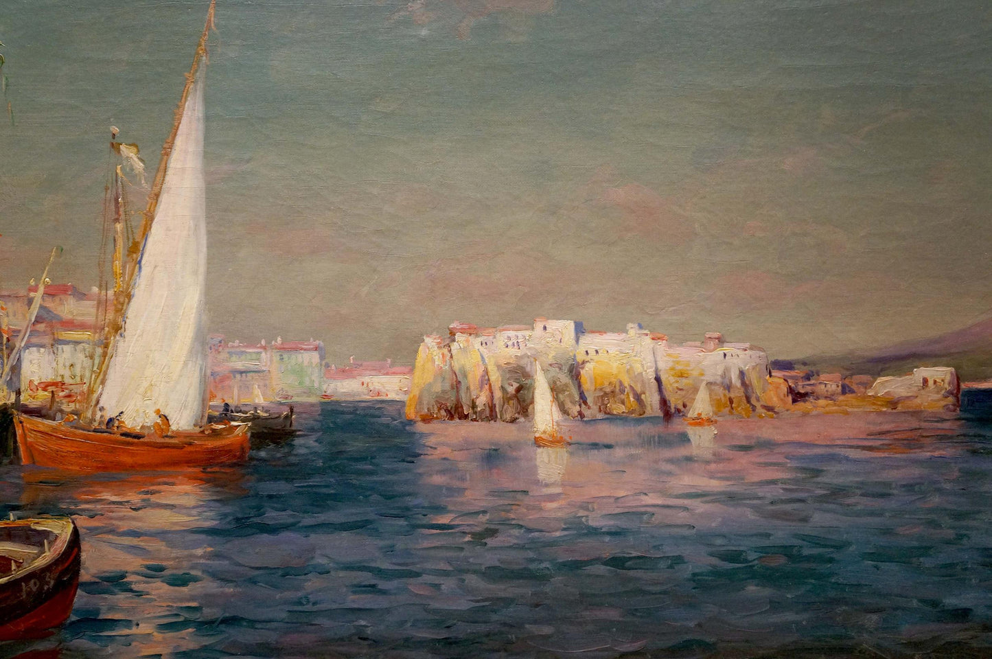 Oil painting of wooden sailboat with white sail in coastal bay