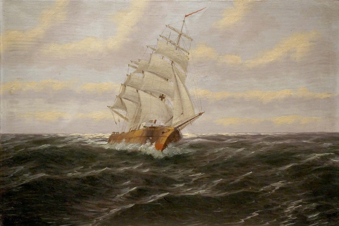 Oil painting of majestic sailing ship at sea by H. Attmann