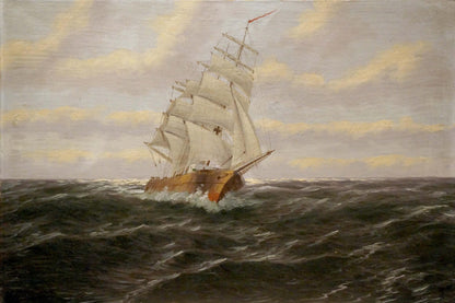 Oil painting of majestic sailing ship at sea by H. Attmann