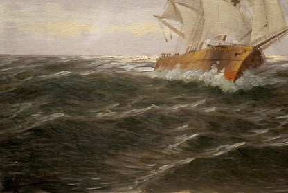 Oil painting of weathered orange-hulled ship at sea by H.Attmann