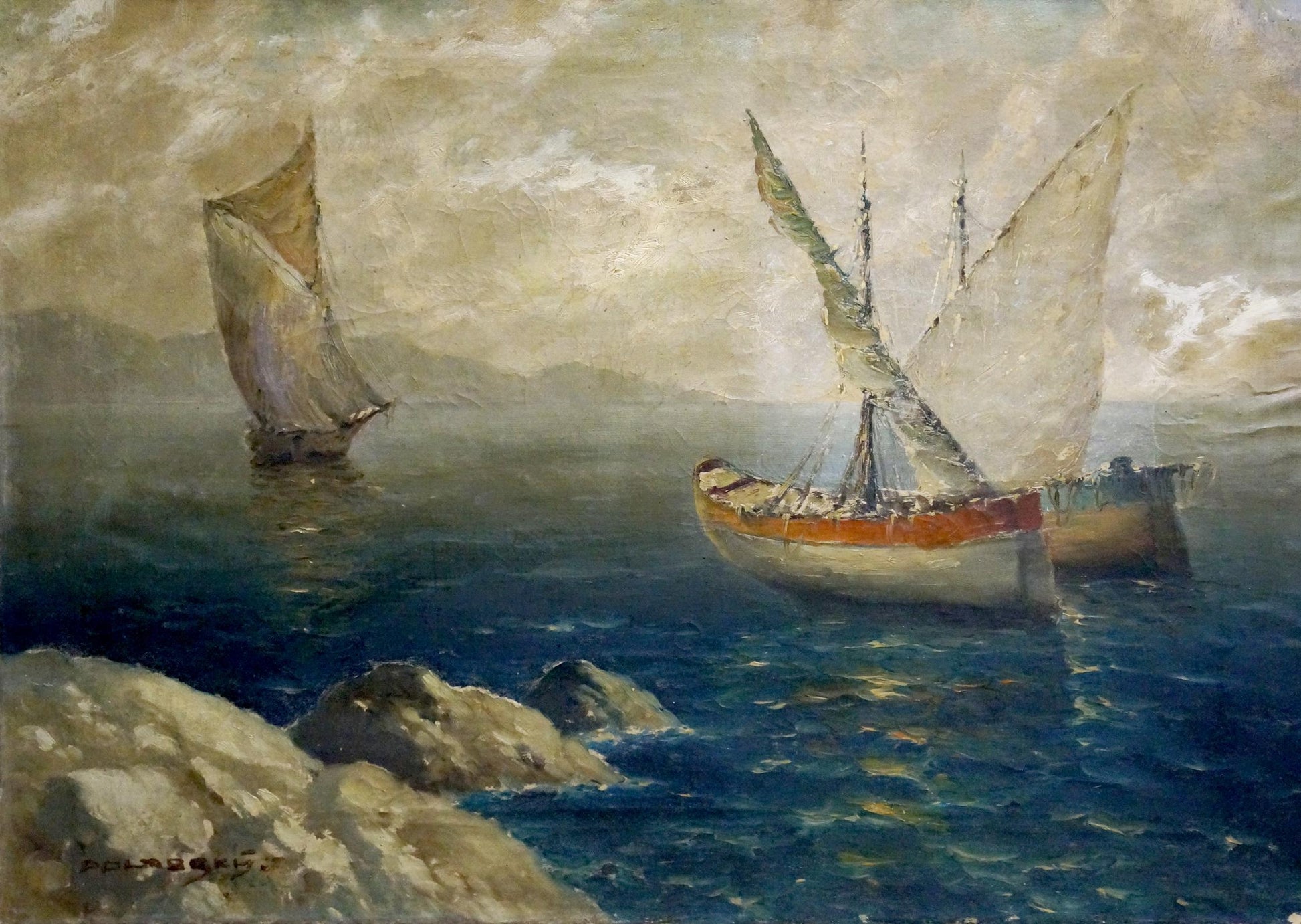 Vintage oil painting Polarsky: two sailboats on deep blue sea under overcast sky