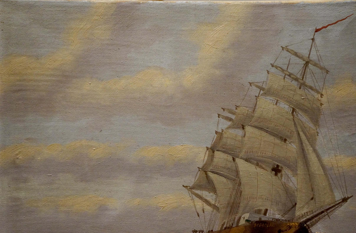 Oil painting of tall multi-masted sailing ship at sea by H.Attmann